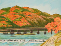 高雄紅葉　京楽四季　水彩画 赤い橋 高雄紅葉 京楽四季 水彩画 赤い橋