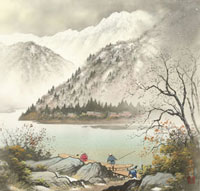 絵画　山水画　掛軸　早春風景 四季の山水画 早春の川と船頭 2月[02237011943]の写真・イラスト素材