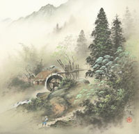 四季の山水画 夏の水車 7月[02237012022]の写真・イラスト素材｜アマナ