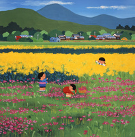蓮華と菜の花畑で遊ぶ子供たち[02237013359]の写真・イラスト素材