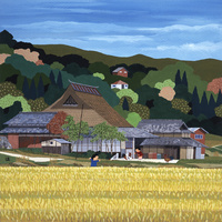 絵画　熱帯の農村風景　油彩画 明ける忍野村」1976 F6 絵画 油絵 油彩画 風景画 富士山 明ける忍野村