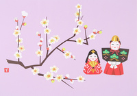 桃の節句 ひな祭りの雛人形と梅の花[02237014004]の写真