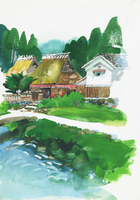 水彩画 山と藁葺き屋根の風景 1983年 ISAO作 20037008290.jpg