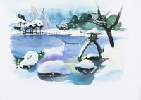 【真作】絵画　水彩8号　雪の山里　静謐な冬の風景　厳冬の日本風景画　X93 真作】絵画 水彩8号 雪の山里 静謐な冬の風景 厳冬の