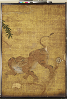 木製 饅頭 根付 「竹林に虎の図」 木製 饅頭 根付 「竹林に虎の図」 狩野芳崖 竹林猛虎図 - 日本の動物画