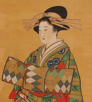 花魁（おいらん）美人画　浮世絵　古画　下図　絹本　掛軸 真作】江戸期 二代 歌川豊国「花魁美人図」肉筆浮世絵掛軸 絹本
