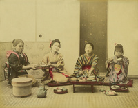 明治時代 手彩色写真 食事風景[20086001167]の写真・イラスト素材