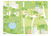 街のイラストマップ 家 ビル 道 車 木 人 俯瞰 の写真素材 イラスト素材 アマナイメージズ