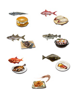 深海魚と料理 左上から ホキ ハマダイ クロムツ タラ キンメダイ オヒョウ サクラエビ の写真素材 イラスト素材 アマナイメージズ